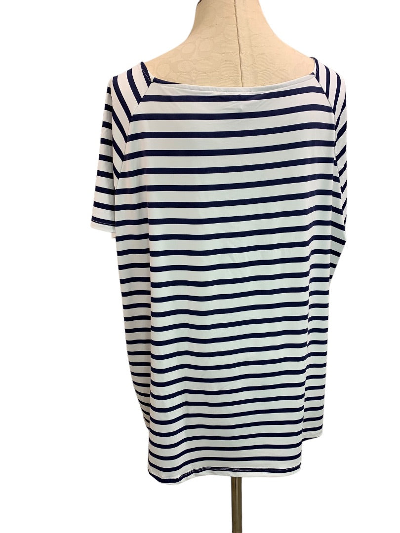 3X Talbots Womens Navy Blue White Stripe Square Neck Short Sleeve Pullover Stretch Fabric