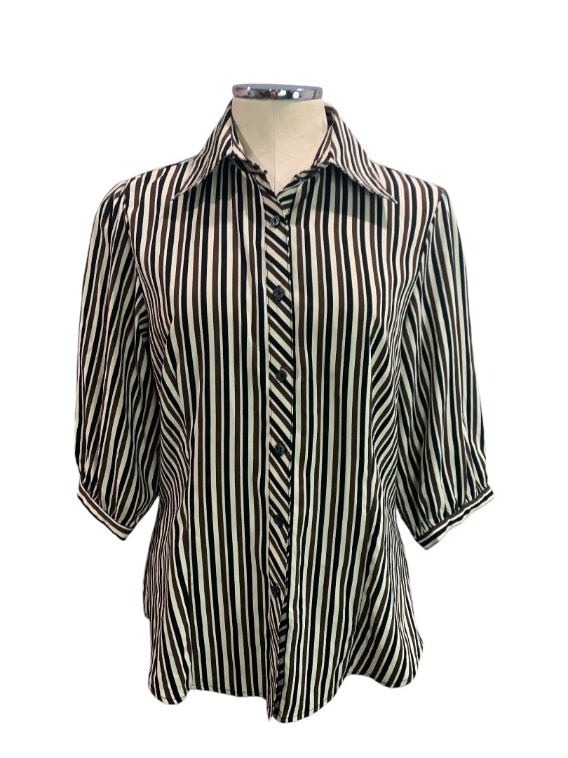 Large Ninety Womens Brown Black Striped Half Sleeve Button Up Blouse