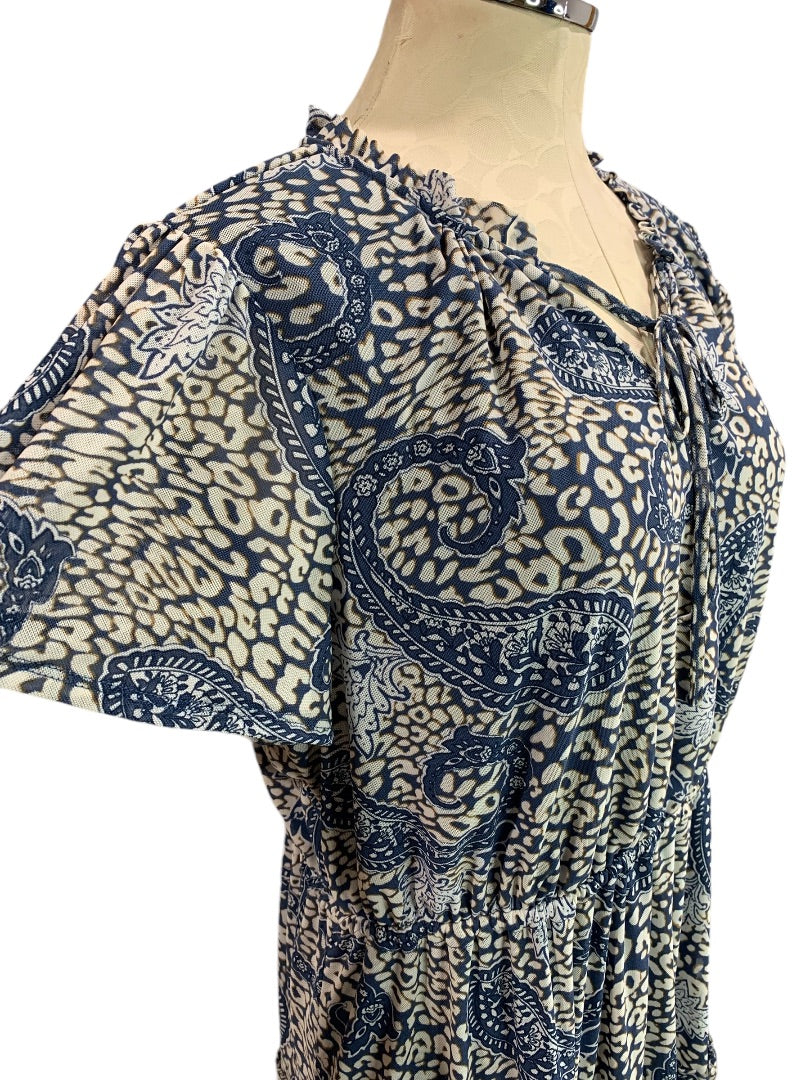 XL Indigo Rose New Paisley Print Boho Dress Elastic Waist Lined Stretch Fabric Blue Tan