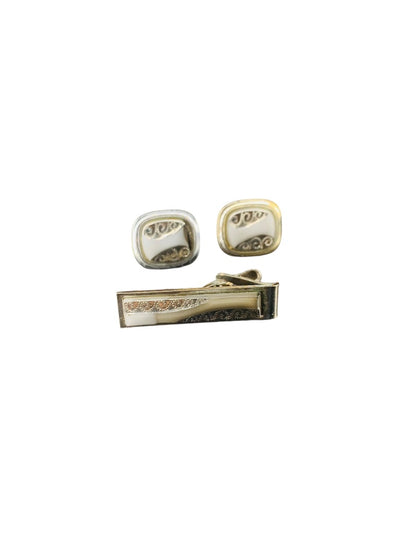 Mens Tie Clip and Pair Cufflinks Set Vintage 1960s Silvertone Gray Stone