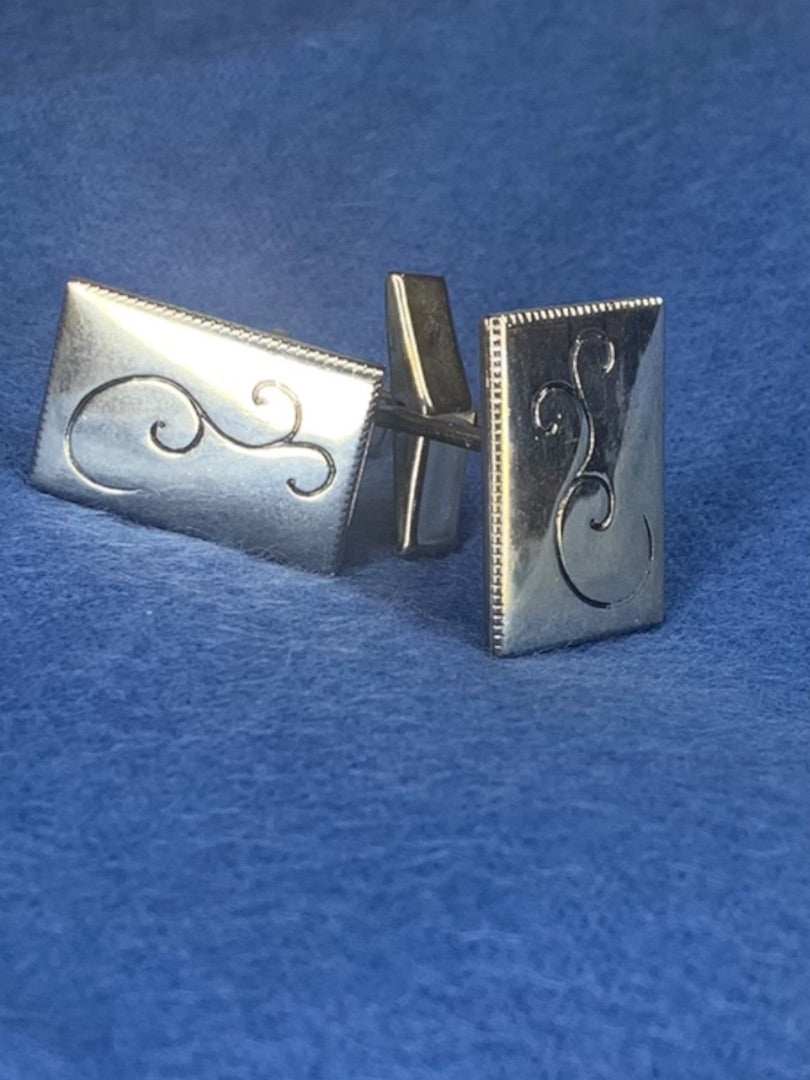 Vintage 1960s Pair Silvertone Cufflinks Swirl Design Bullet Back Rectangular