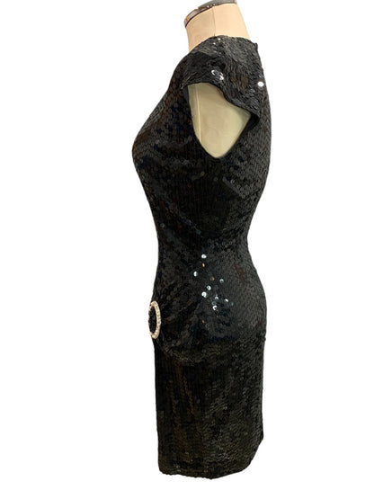 Size 6 Nite Line Vintage 1990s Black Sequin Dress Sheath Waist Drape