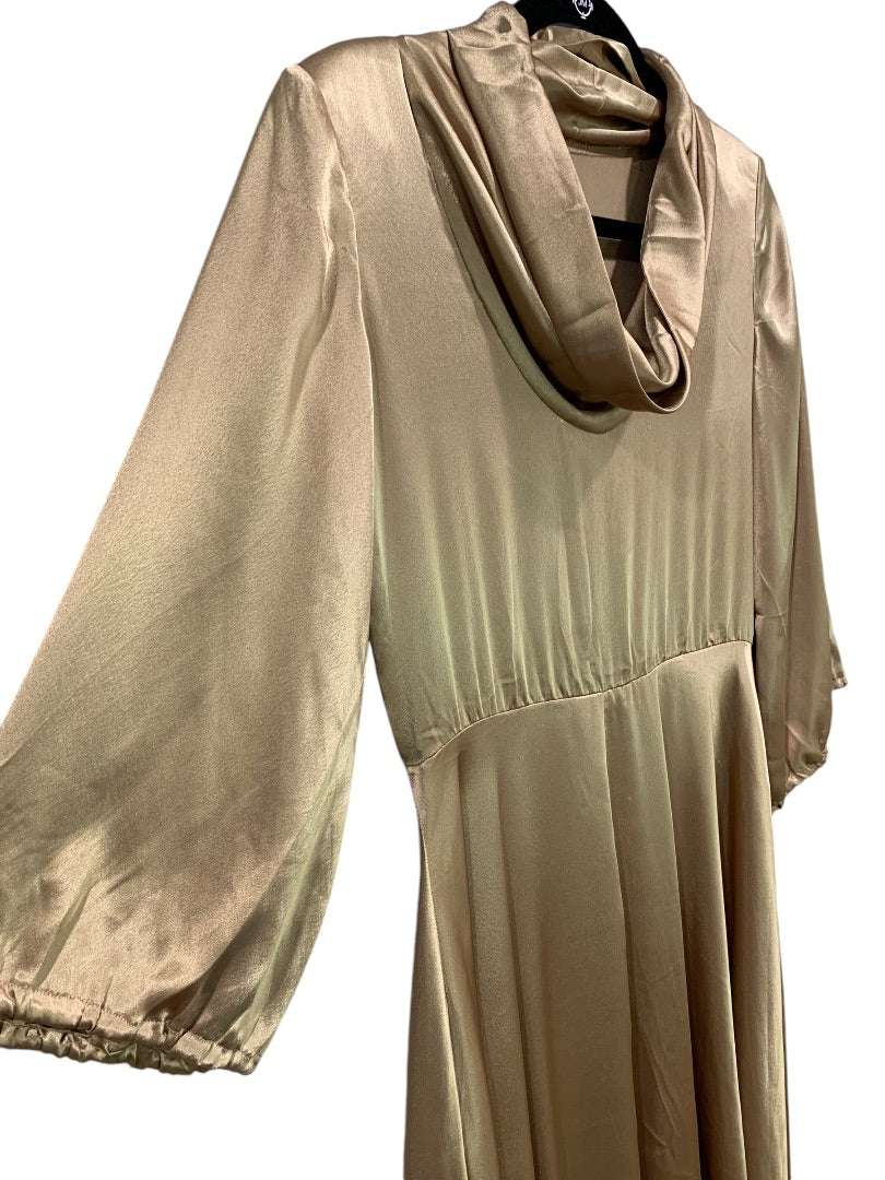 Medium Vintage 1970s Draped Gold Silky Gown Handmade Cowl Neck Dress Flawed