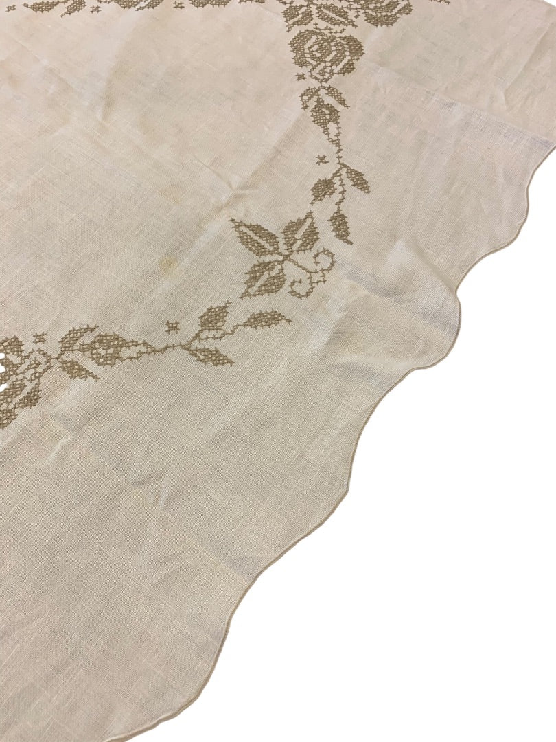 Vintage Tablecloth Embroidered Taupe Floral 66 x 83 Inches Scalloped Edge