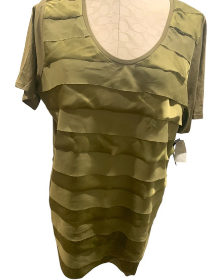 1X Preswick & Moore Womens New Satin Ruffle Front Tshirt Olive Green