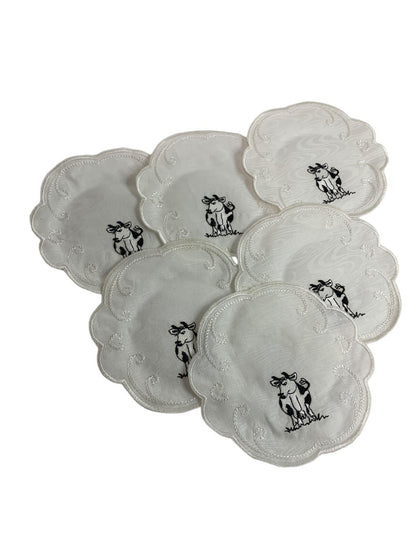 Vintage Set of 6 Doilies Embroidered Cow Linens 5.75 Inches