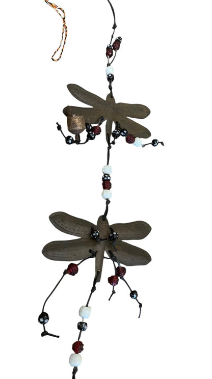 Rustic 30" Metal Dragonfly Bell Glass Beads 4.5 Inch Wingspan