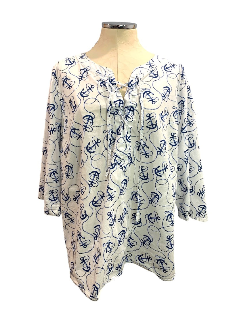 2X Talbots Womens Popover Lightweight Blouse Shirt Anchor Print