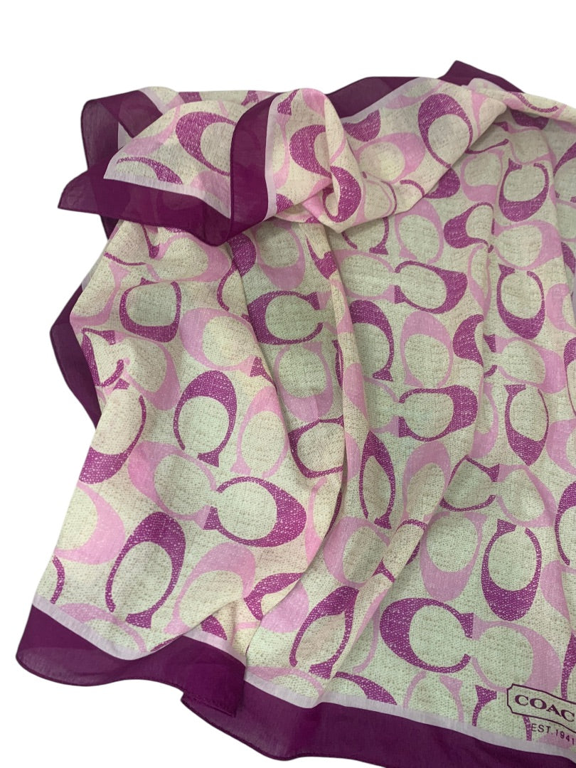 Coach Signature Purple Logo Silk Cotton Blend Scarf 26 Inch Square CA22608