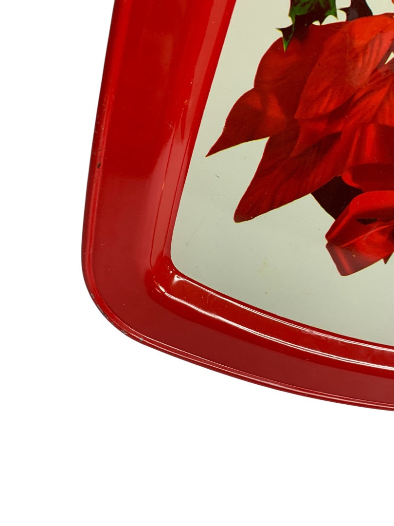 Vintage Holiday Christmas Metal Serving Tray 15 x 11 Inch Poinsettia Candle