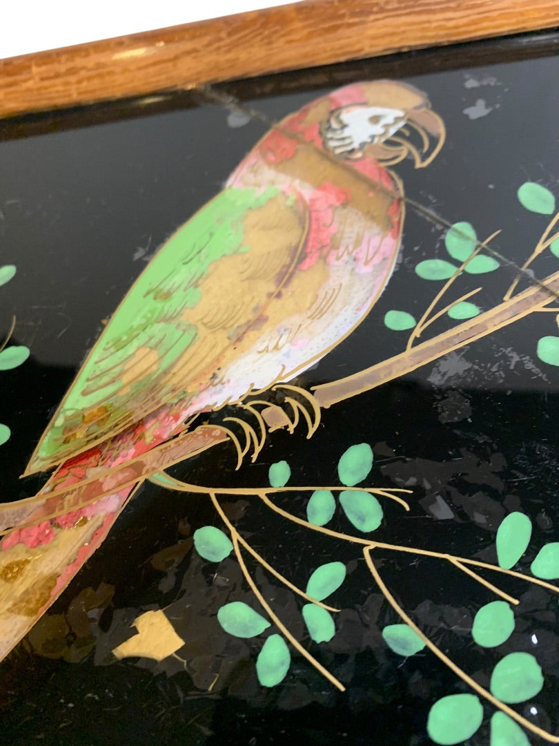 Vintage Reverse Glass Painted Parrot Handled Tray Cracked 13x8 Inches