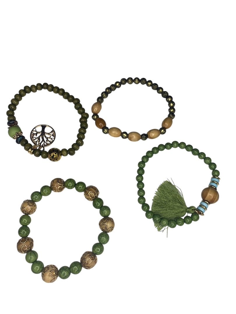 Set of 4 Green Gold Boho Stretch Bracelets Tassel Beaded