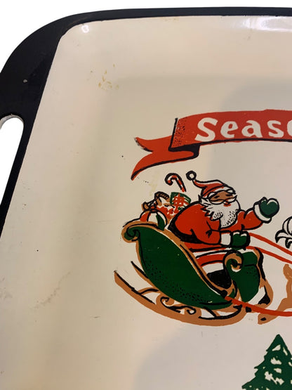 Midcentury Christmas Cookie Tray Handled Santa Seasons Greetings