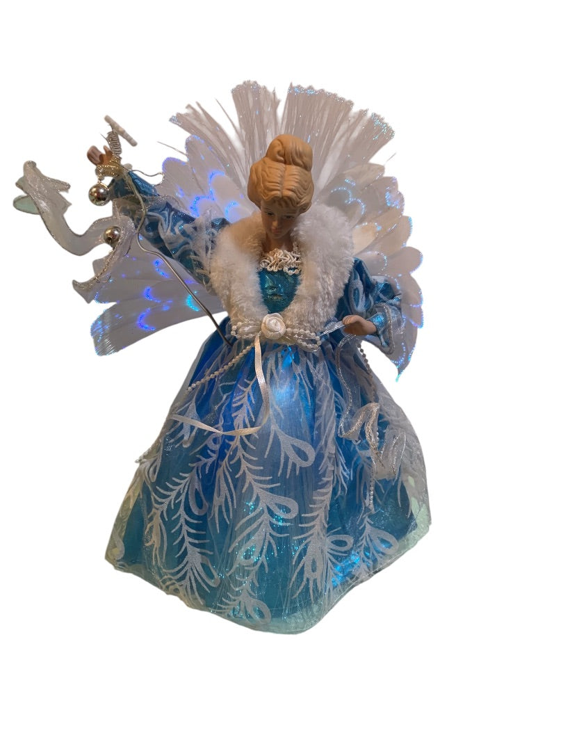 Vintage Fiber Optic Angel Fancy Tree Topper Blue Porcelain Head 14 Inch