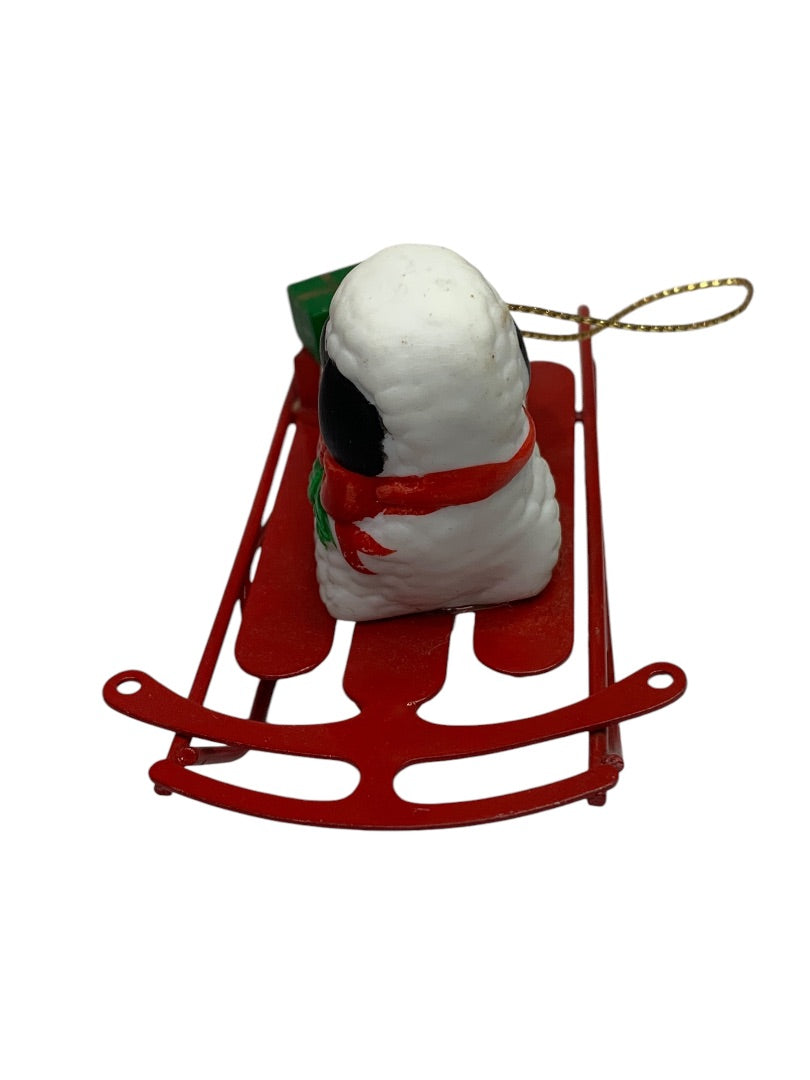 Vintage Ceramic Sheep on Metal Sled Ornament Christmas Holiday