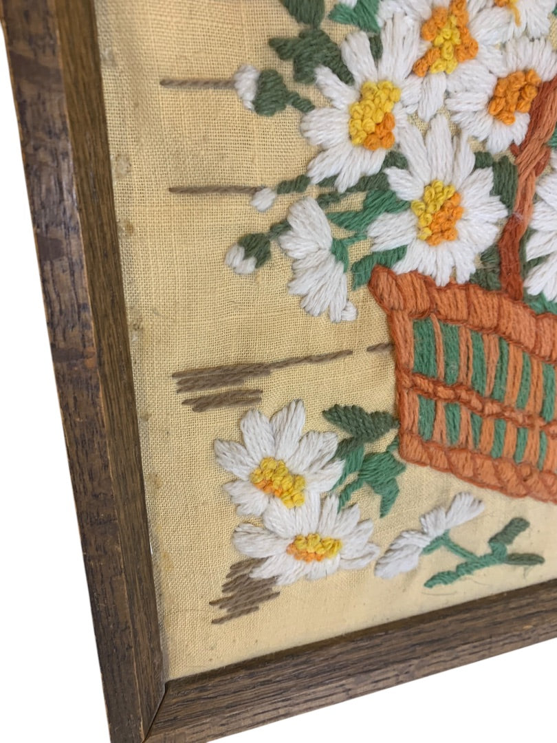 Vintage 1970s Crewel Embroidery Daisy Basket Framed Picture 17.5x13.5 Inches