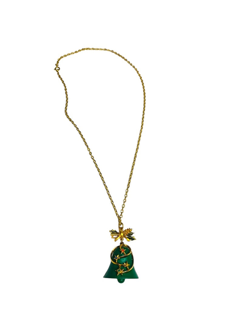 Vintage Holiday Necklace 23 Inch Goldtone Green Bell Pendant Christmas