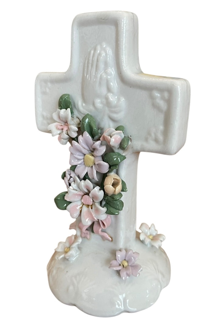 Praying Hands Floral Cross 1998 5.5 Inch Freestanding Floral