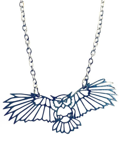 Silvertone Flying Owl Pendant Lasercut 18 Inch