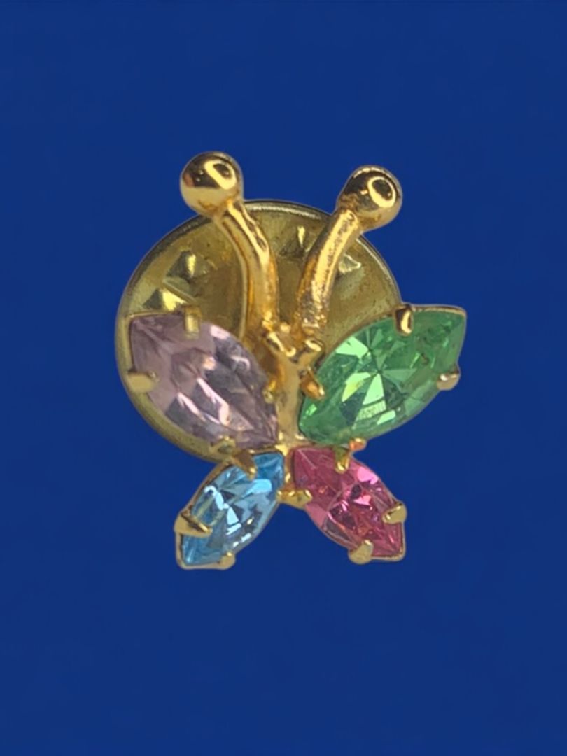 Petite Multicolor Crystal Butterfly Lapel Pin Goldtone .6 Inch