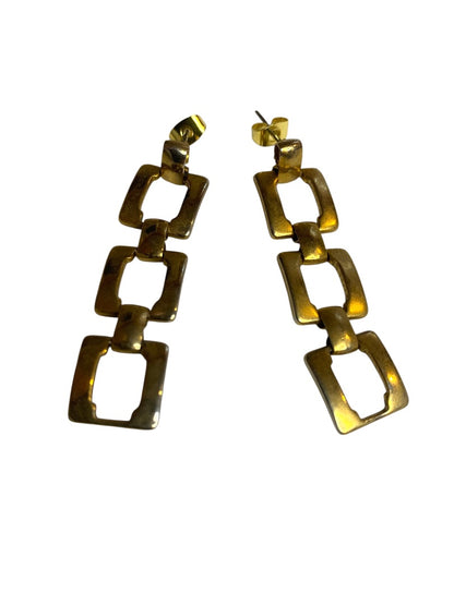 Goldtone Post Pierced Earrings Square Links 2 Inch Drop Dangle