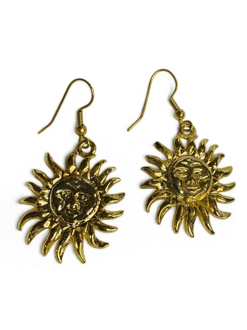 Goldtone Sun Earrings Hook Pierced 2" Drop Dangle