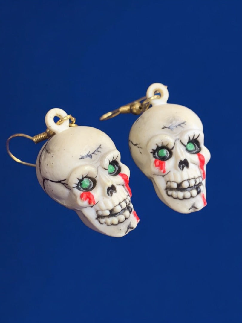 Vintage Russ Skeleton Skull Hook Pierced Earrings 2 Inch Drop Dangle