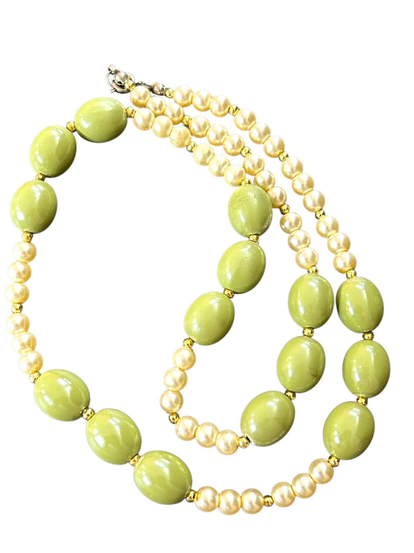 Vintage Faux Pearl Avocado Green Necklace 22 Inch Spring Clasp