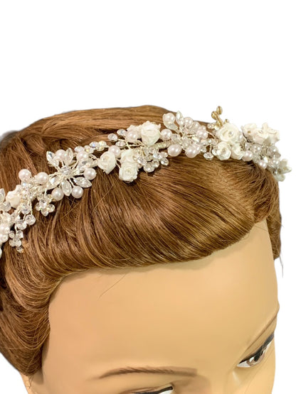 Silvertone and White Floral Girls Headband First Communion Formal Crystal