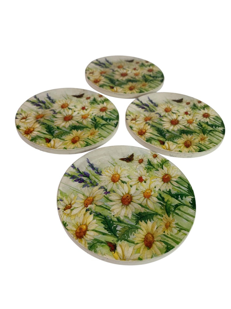 Round Ceramic Drink Coasters Wildflower Butterfly Cork Backed 4"