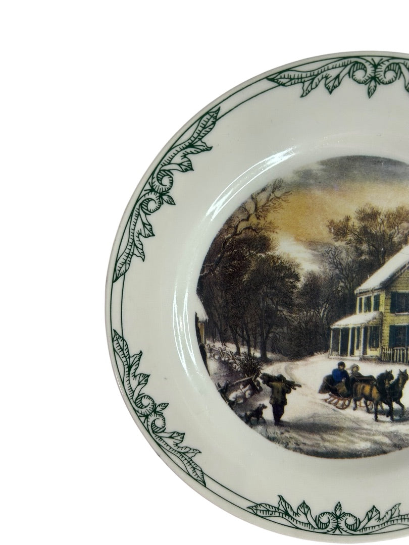 Currier and Ives 2001 Decorative 8 Inch Plate Winter Farm Barn Scene