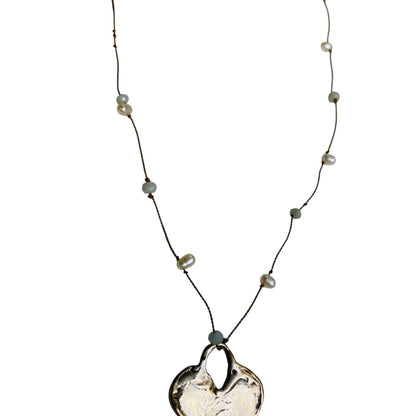 Silvertone Heart Pendant Necklace Delicate Aqua and Pearl Beads 18.5 Inch