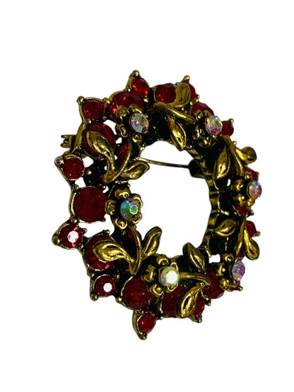 Brooch Pin Goldtone Wreath Red Crystals 1.75 Inch Diameter