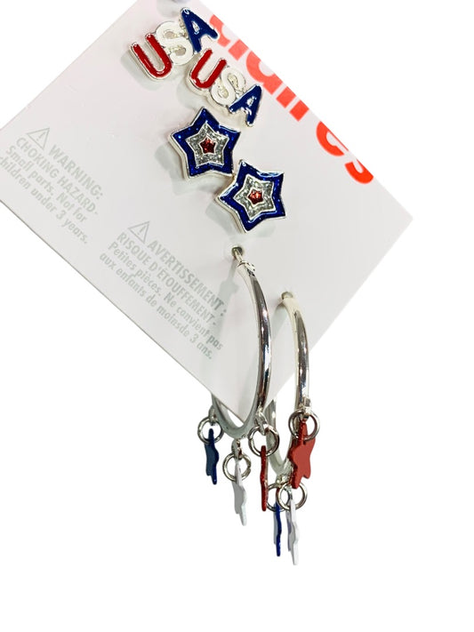 Claires New Set of 3 Pierced USA Patriotic Silvertone Earrings