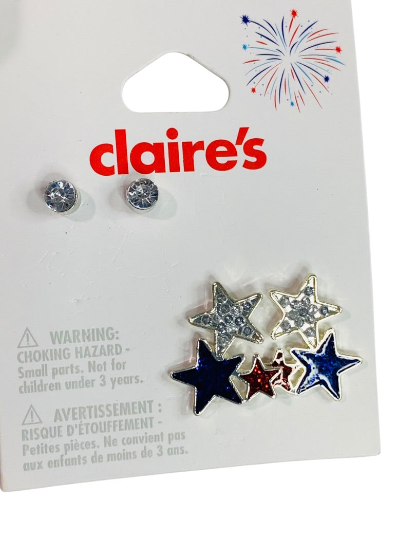 Claires New Set of 2 Post Pierced USA Earrings Patriotic Stars