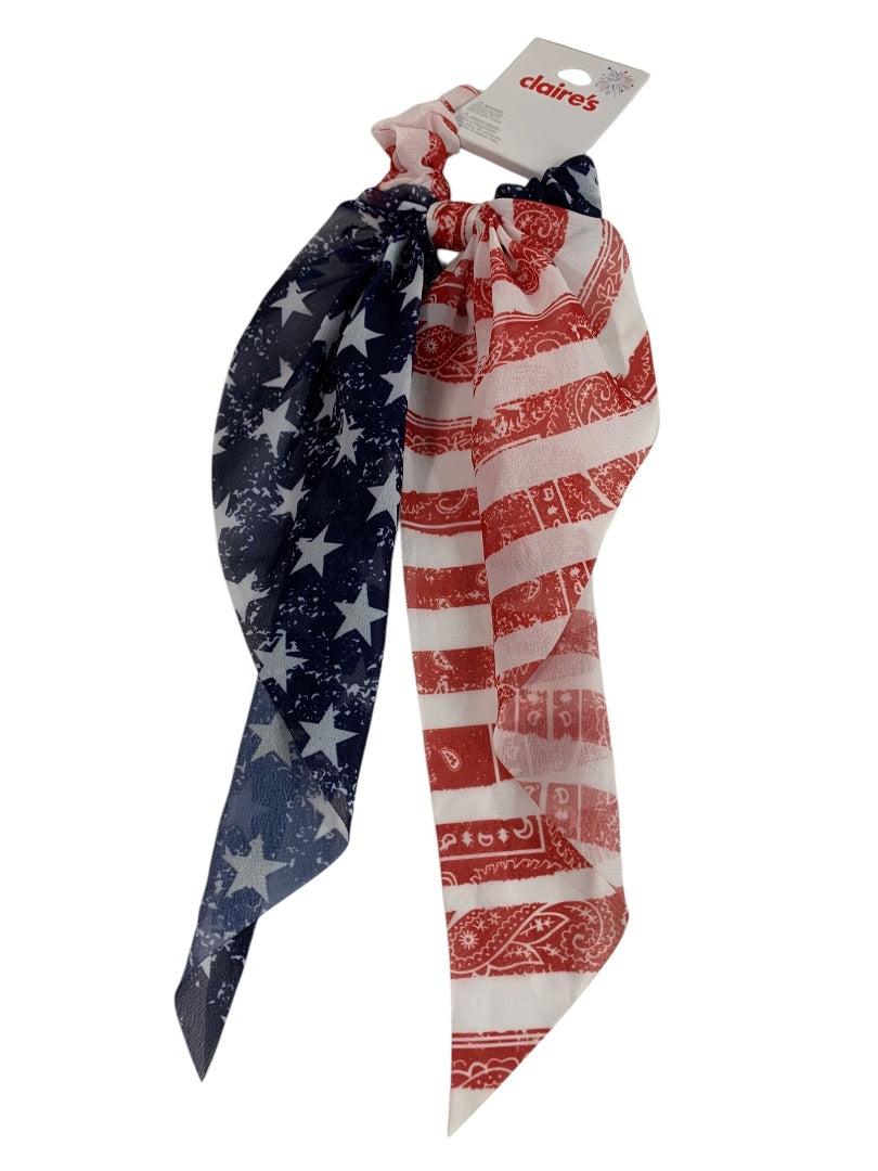 Claires New Hair Elastics Sheer Fabric Cover Train Tail Stars Stripes Patriotic