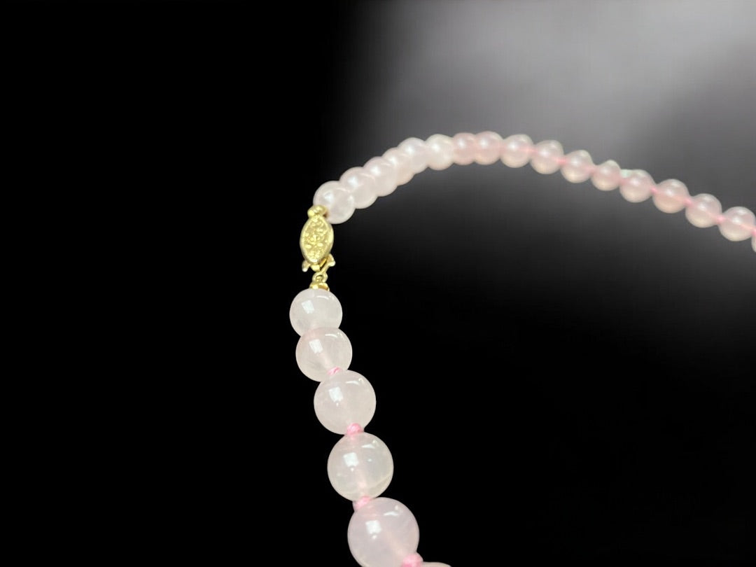 Vintage Rose Quartz Hand Knotted 24 Inch Necklace Fish Hook Intricate Clasp