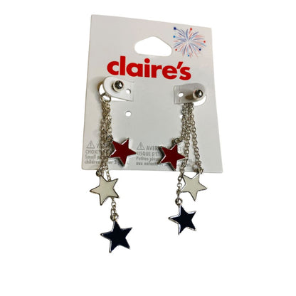 Claires New Post Pierced Earrings Silvertone Stars Patriotic USA 2.5 Inch Drop