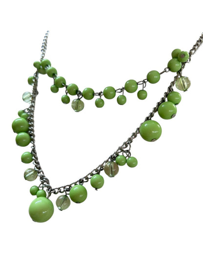Tiered Kiwi Green Silvertone Statement Necklace 3.5" Drop Lobster Clasp