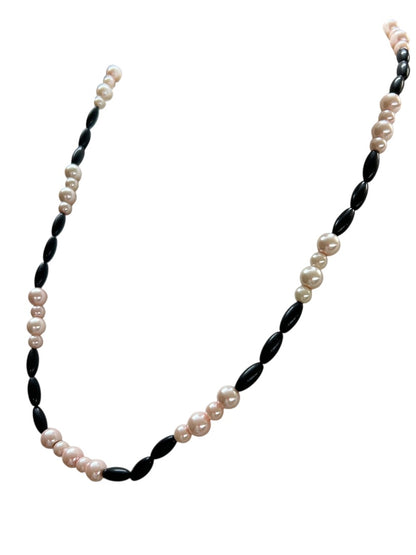 Faux Pink Pearl Black Bead 24 Inch Necklace Spring Clasp Lobster Clasp