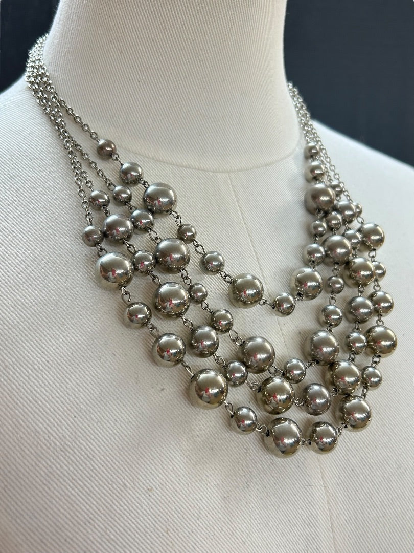 4 Strand Silvertone Beaded Bib Statement Necklace 16 Inch