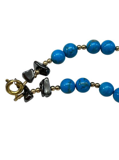 Beaded 7 Inch Spring Clasp Bracelet Turquoise Amethyst Goldtone