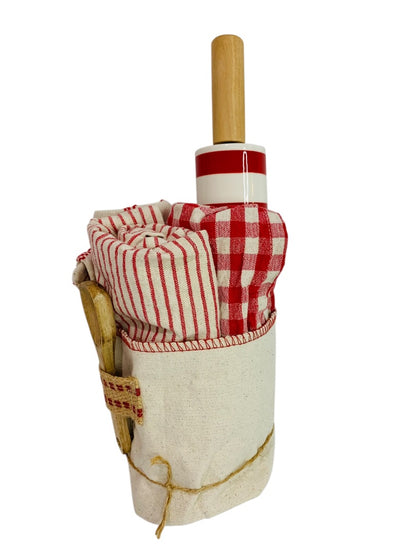 Kitchen Baking Set 3 Towels Spoon Ceramic Rolling Pin New Red