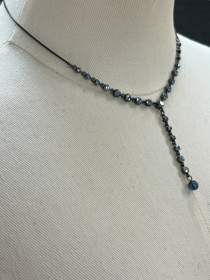 Pewter Color and Blue Crystal Necklace 15 Inch Chain 2" Drop
