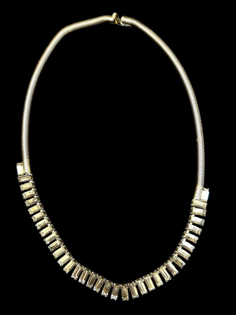 Vintage Emerald Cut Rhinestone Necklace on Snake Chain 16 Inch Box Clasp