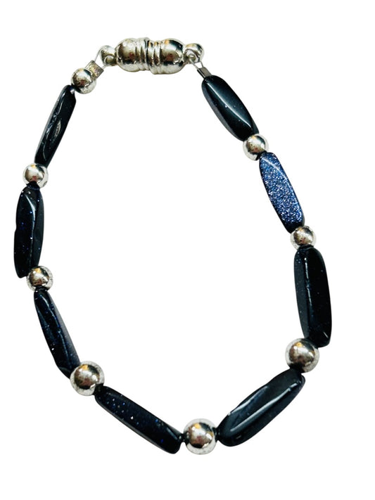 Navy Blue Sparkle Silvertone Bracelet 6.75 Inch Magnetic Clasp