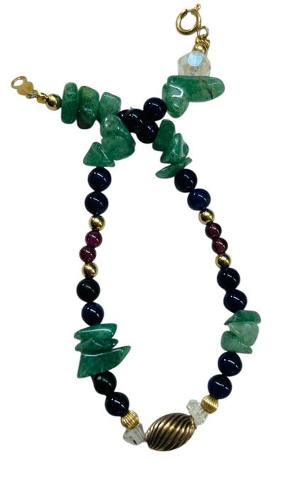 Beaded and Chip Stone 7 Inch Bracelet Green Blue Goldtone Spring Clasp