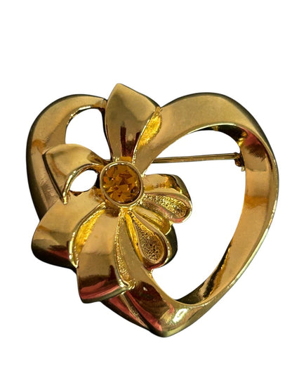 Vintage Goldtone Brooch Pin Heart Shape with Bow Orange Crystal 1.5 Inch