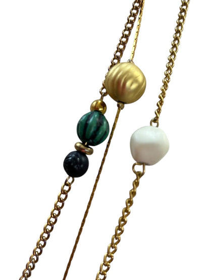Goldtone Tiered Necklace Green White Black Beads 26 Inch