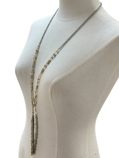 Silvertone Beaded Necklace 34 Inch 5 Inch Drop Cream Beads